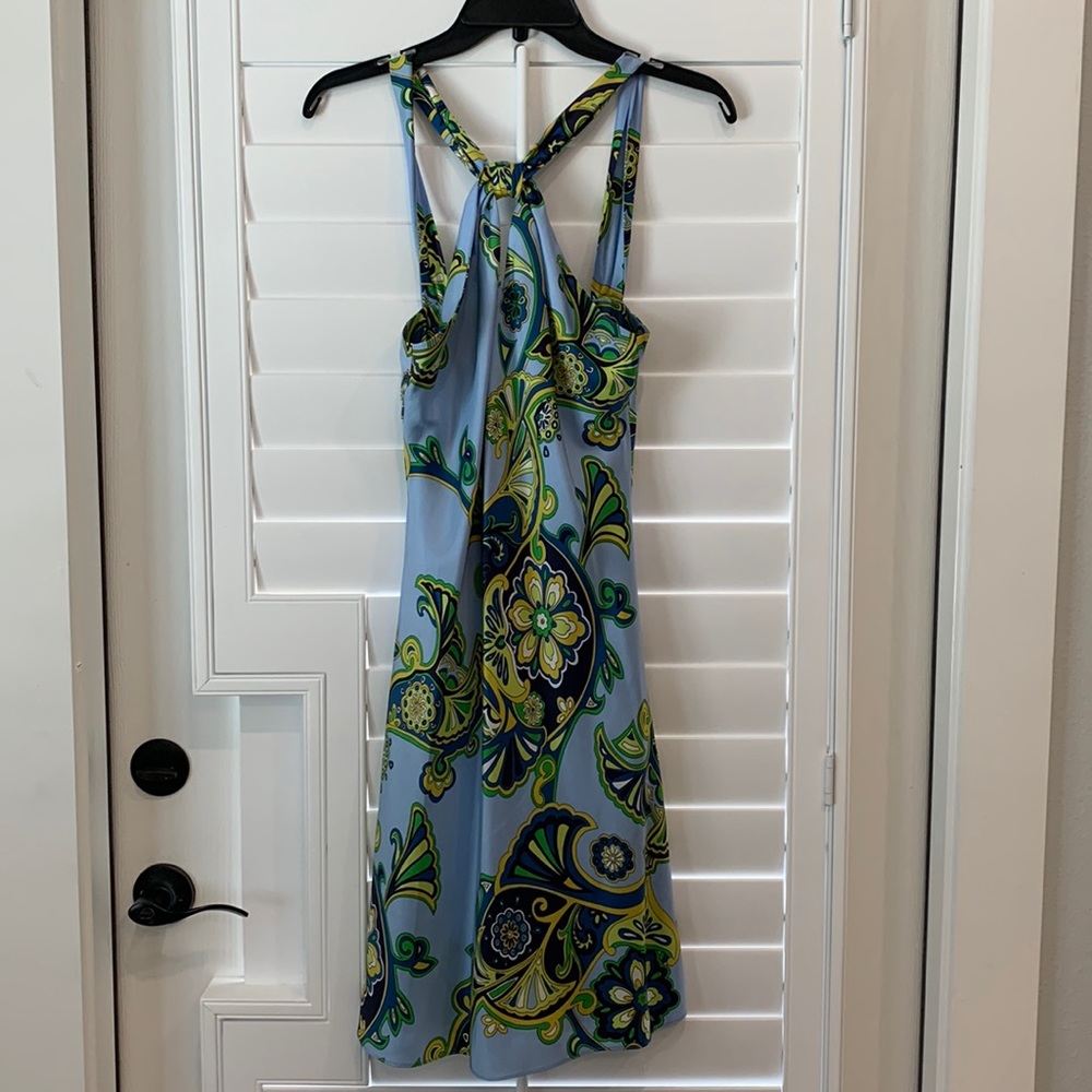 Banana Republic blue/multi paisley silk dress, fully lined, halter tie